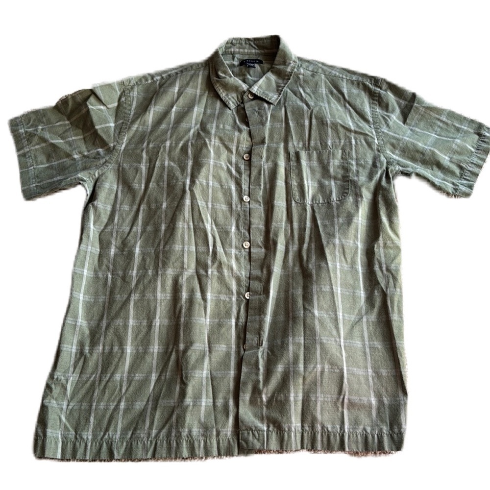 Van Heusen XL Light Green Button Down Plaid Short Sleeve Shirt Pocket Men's EUC